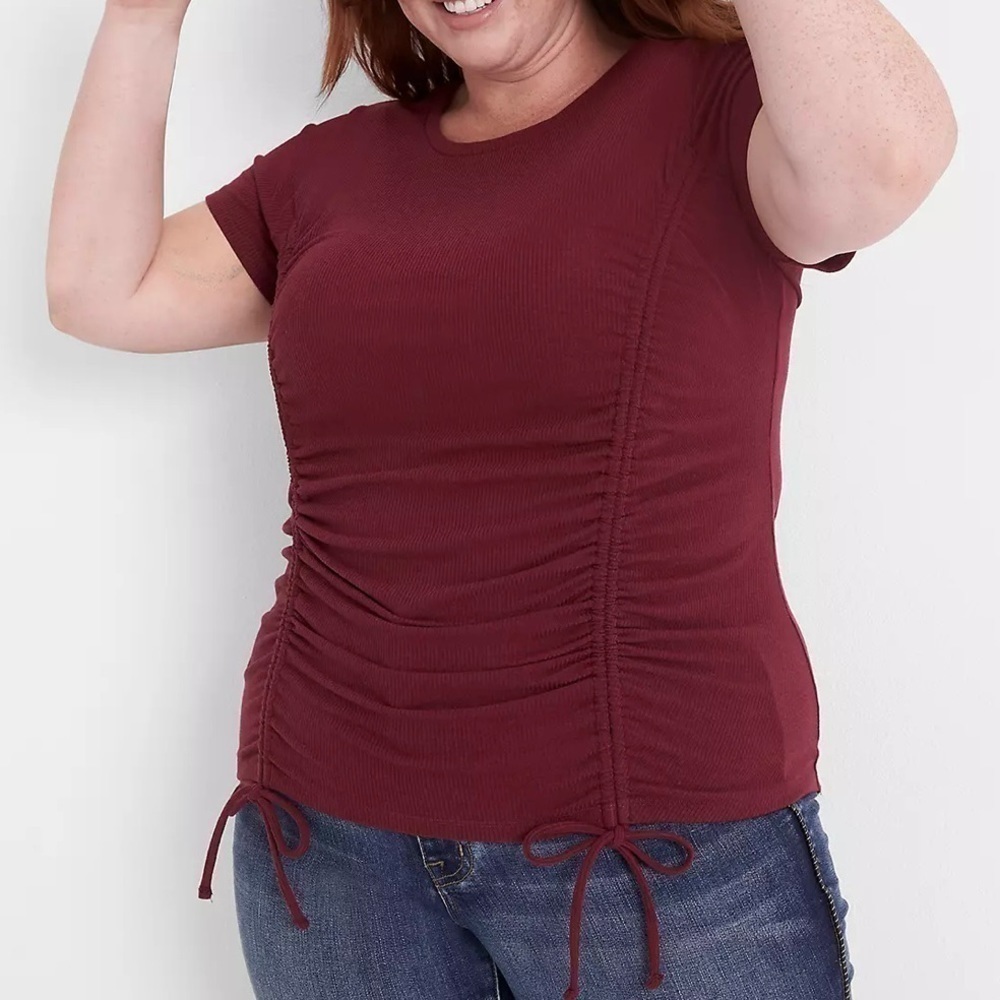 Lane Bryant Women’s Plus Short-Sleeve Crew-Neck Tee Adjustable Drawcord Maroon